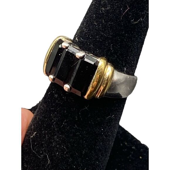 Pranda sterling silver 925 3 emerald cut onyx gold vermeil ring - Picture 5 of 9
